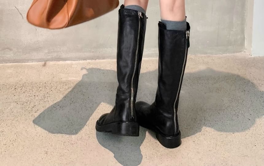 Tall Platform Genuine Plain Zip-Up Boots Leather