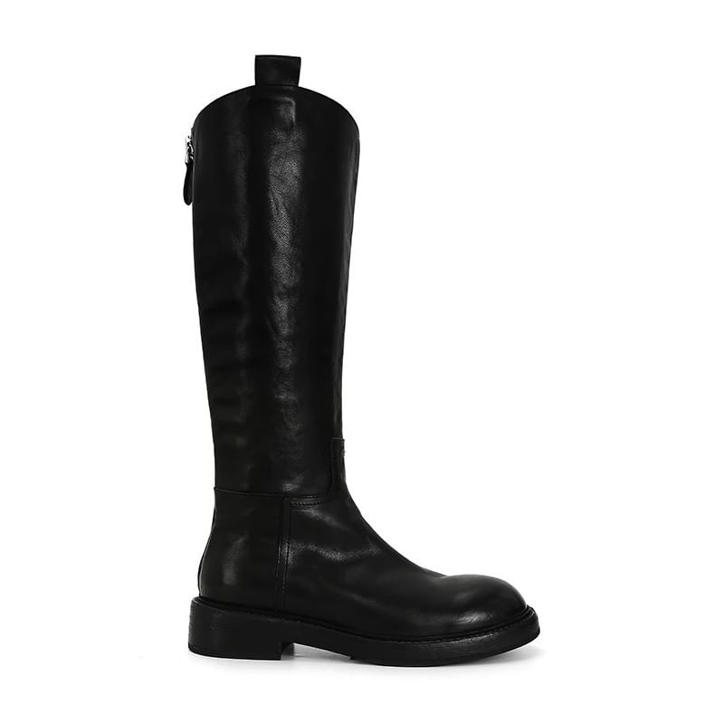 Tall Platform Genuine Plain Zip-Up Boots Leather