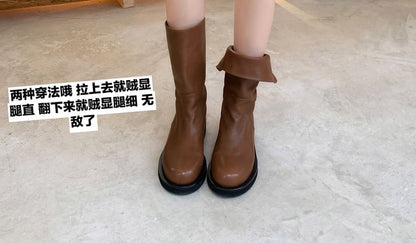 Platform Mid-Calf Plain Genuine Boots Leather