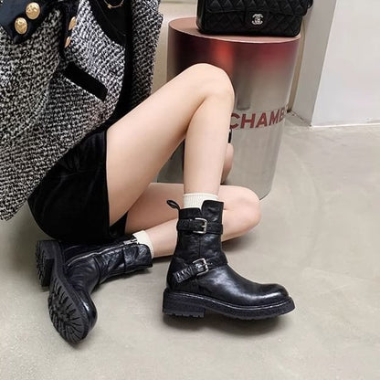 Genuine Buckled Boots Platform Plain Leather Short