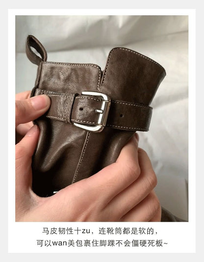 Genuine Buckled Boots Platform Plain Leather Short