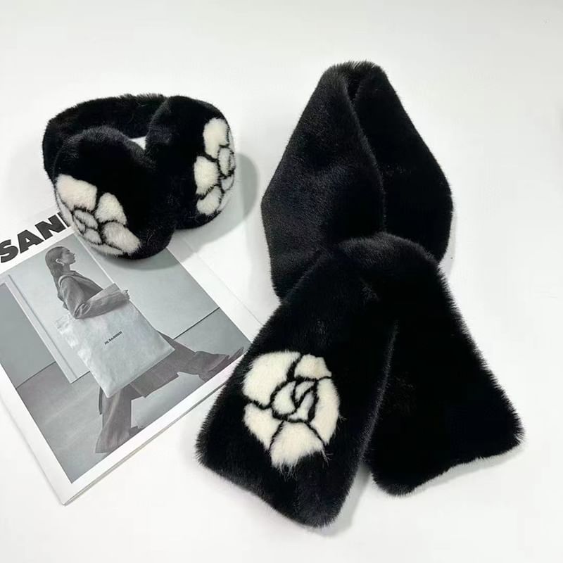 Ear Set / Scarf Bow Print Floral Muffs Fluffy