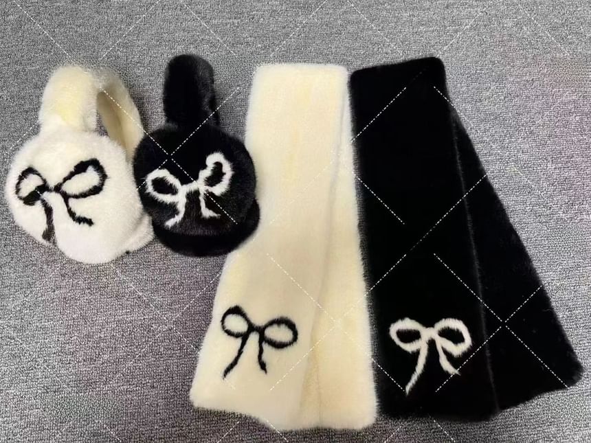 Ear Set / Scarf Bow Print Floral Muffs Fluffy