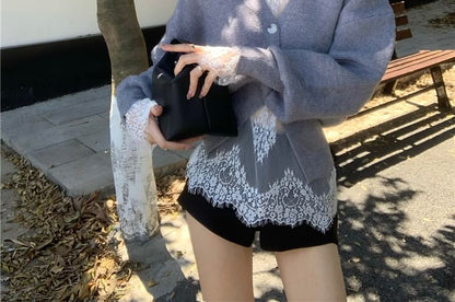 Cardigan / V-Neck High Button-Up Long-Sleeve Lace Top Neck