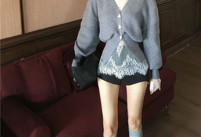 Cardigan / V-Neck High Button-Up Long-Sleeve Lace Top Neck