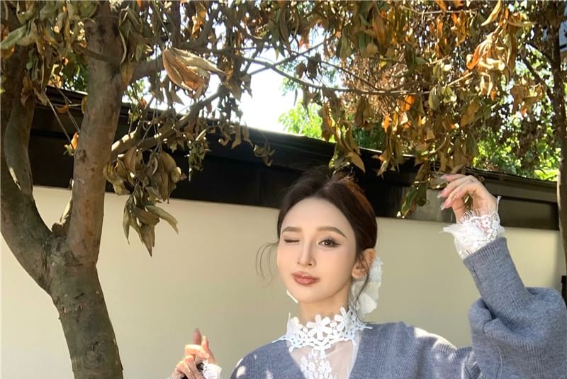 Cardigan / V-Neck High Button-Up Long-Sleeve Lace Top Neck