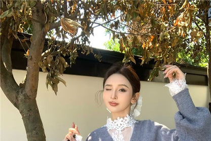 Cardigan / V-Neck High Button-Up Long-Sleeve Lace Top Neck