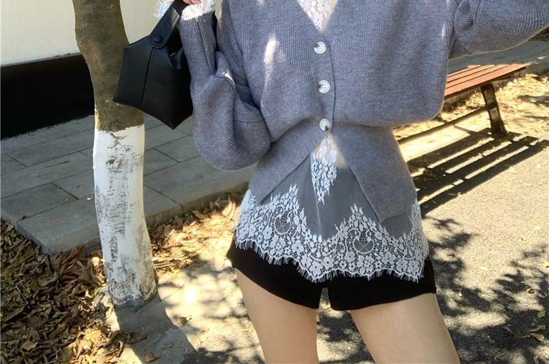 Cardigan / V-Neck High Button-Up Long-Sleeve Lace Top Neck