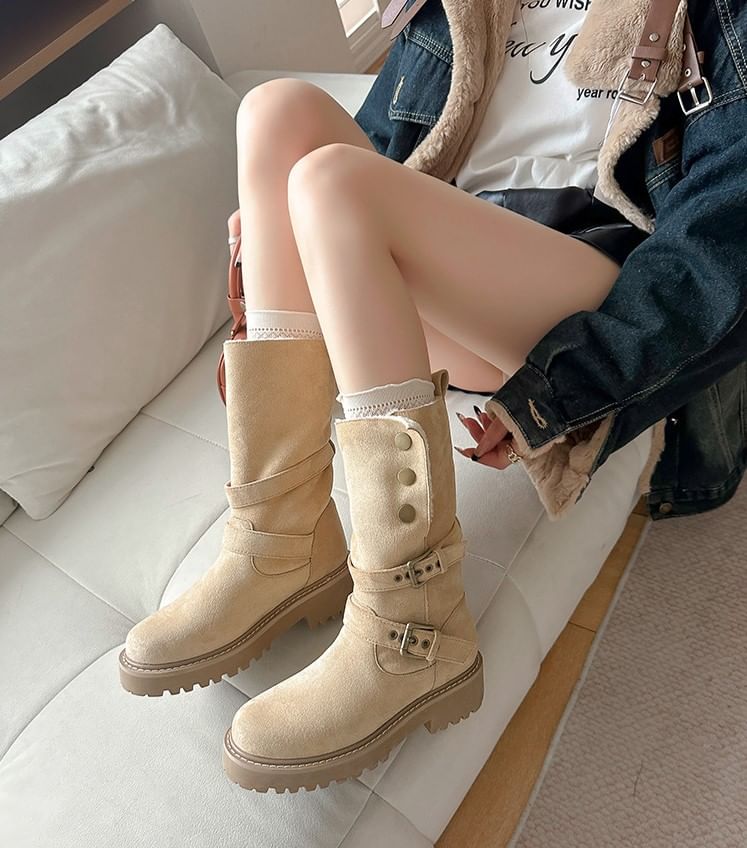 Buckled Boots Calf Mid Platform Button