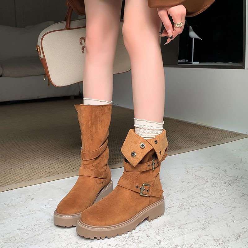 Buckled Boots Calf Mid Platform Button