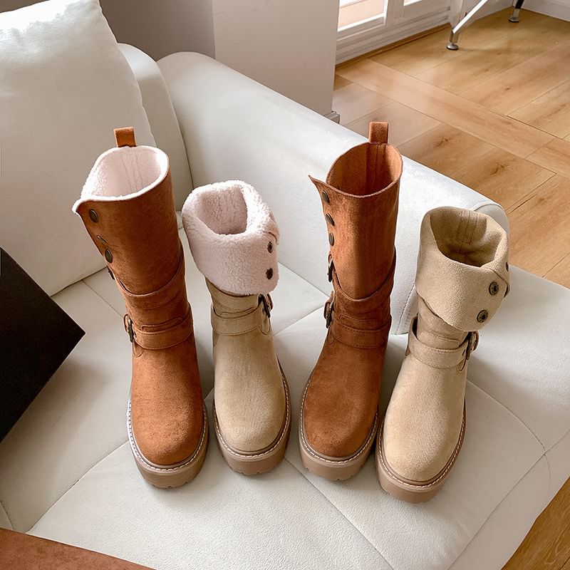 Buckled Boots Calf Mid Platform Button
