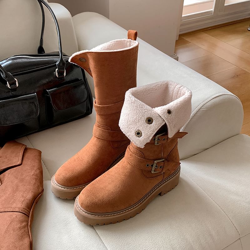 Buckled Boots Calf Mid Platform Button