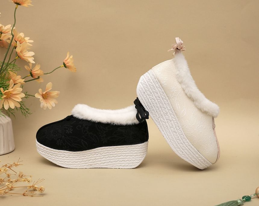 Fleece-Lined Platform Heel Bow Wedge Pumps