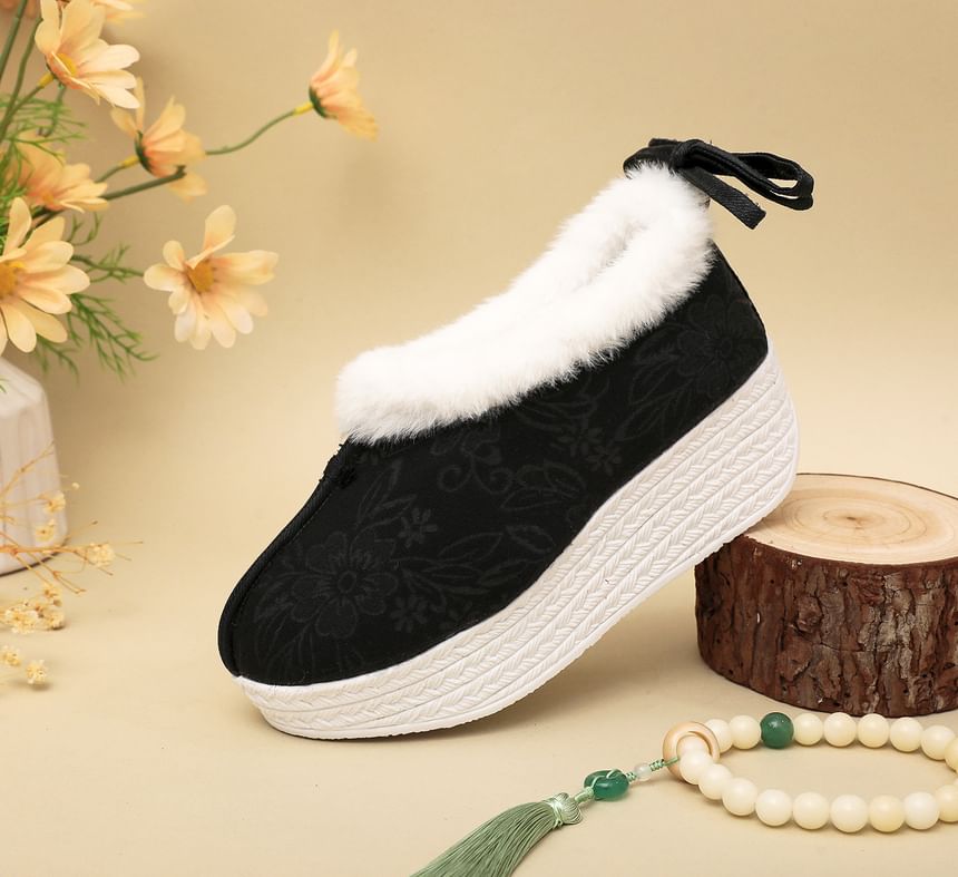 Fleece-Lined Platform Heel Bow Wedge Pumps
