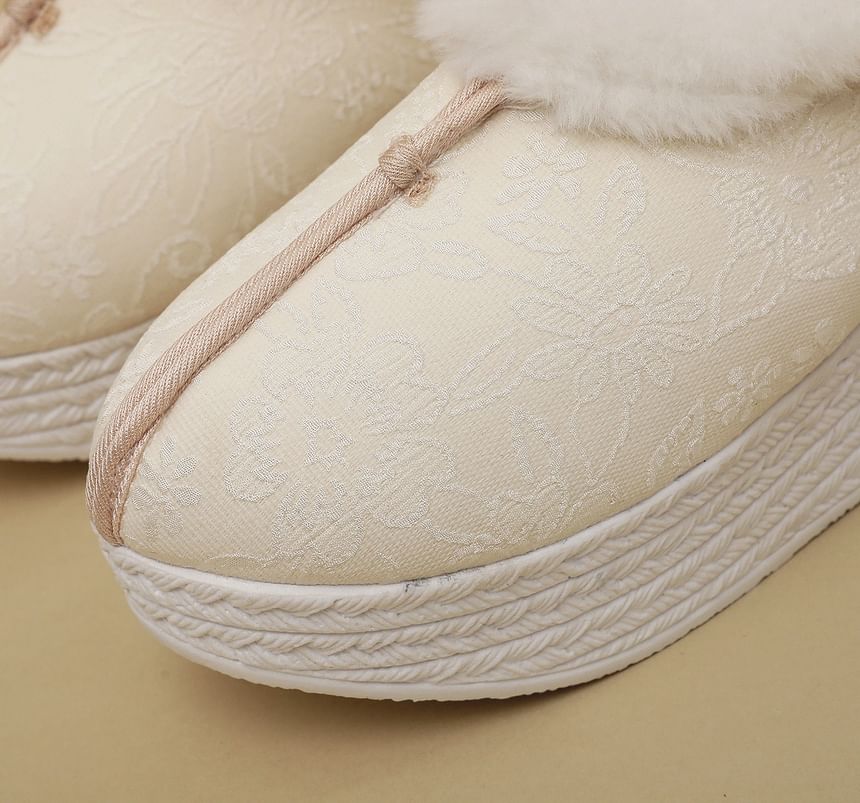 Fleece-Lined Platform Heel Bow Wedge Pumps