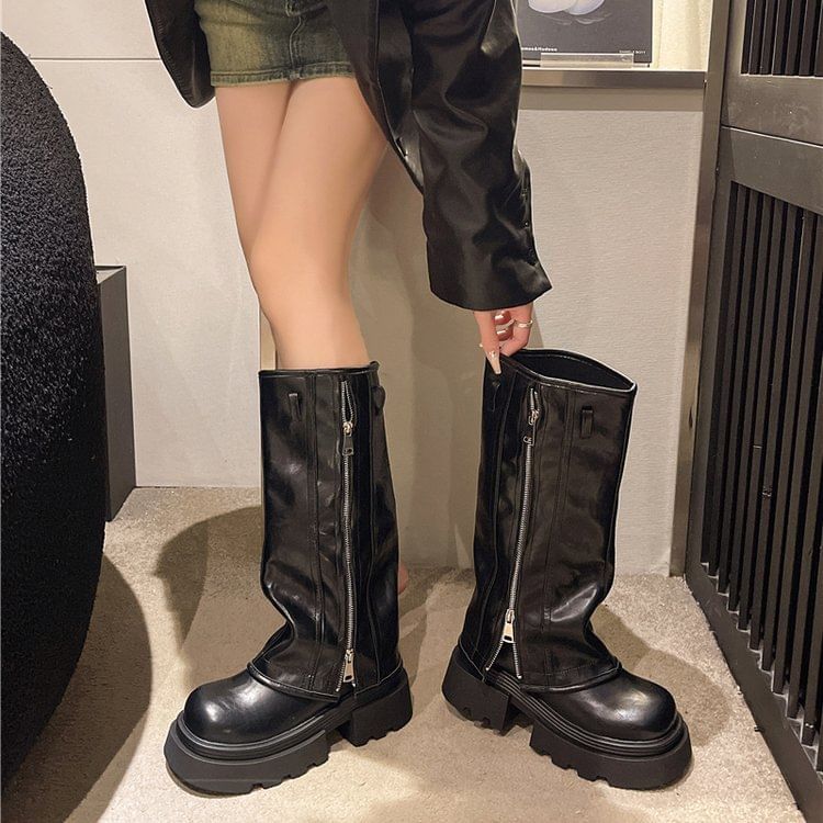 Panel Knee High Zip Platform Buckled Boots