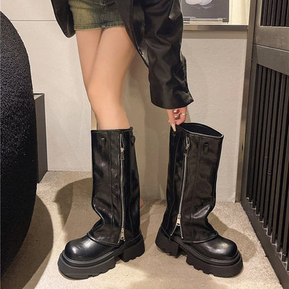 Panel Knee High Zip Platform Buckled Boots