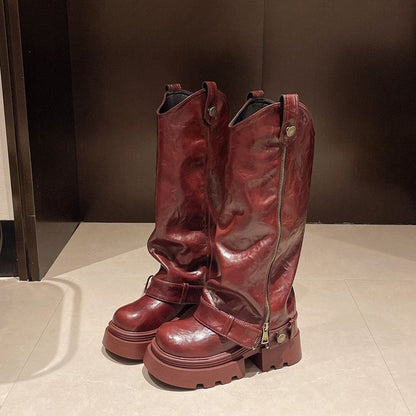 Boots Zip Knee Platform High Panel Buckled