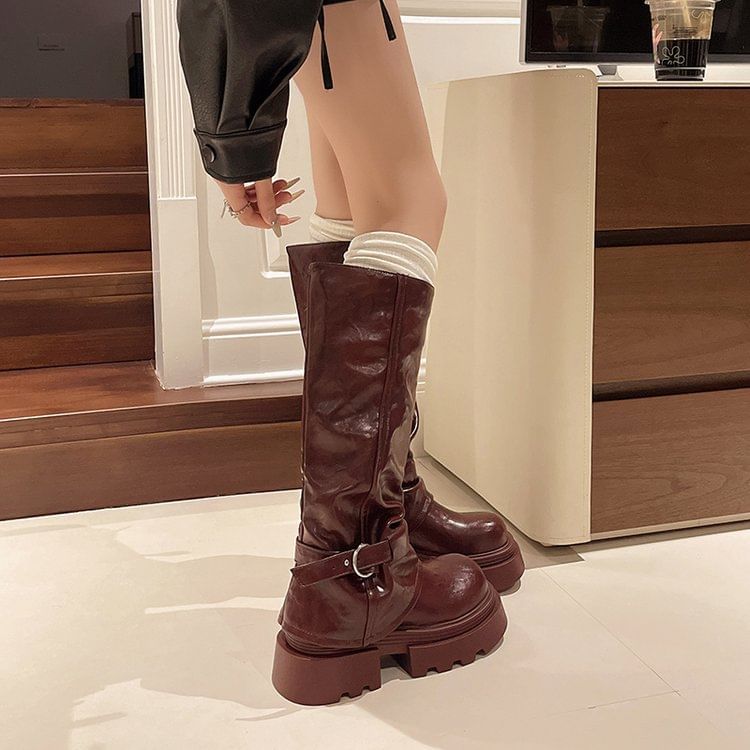 Panel Knee Platform Buckled High Boots