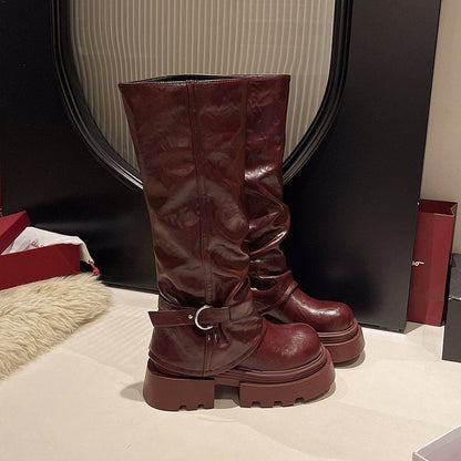 Panel Knee Platform Buckled High Boots