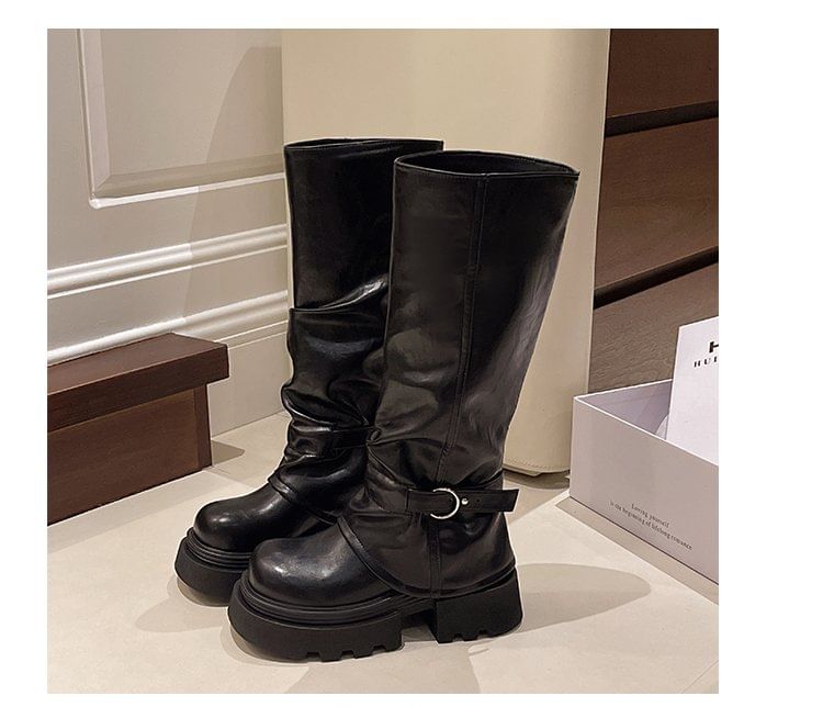 Panel Knee Platform Buckled High Boots