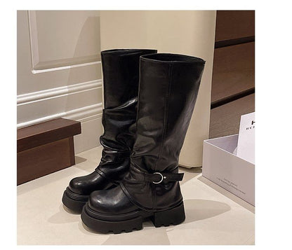 Panel Knee Platform Buckled High Boots