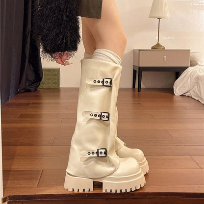 Panel Buckled Platform Boots High Knee
