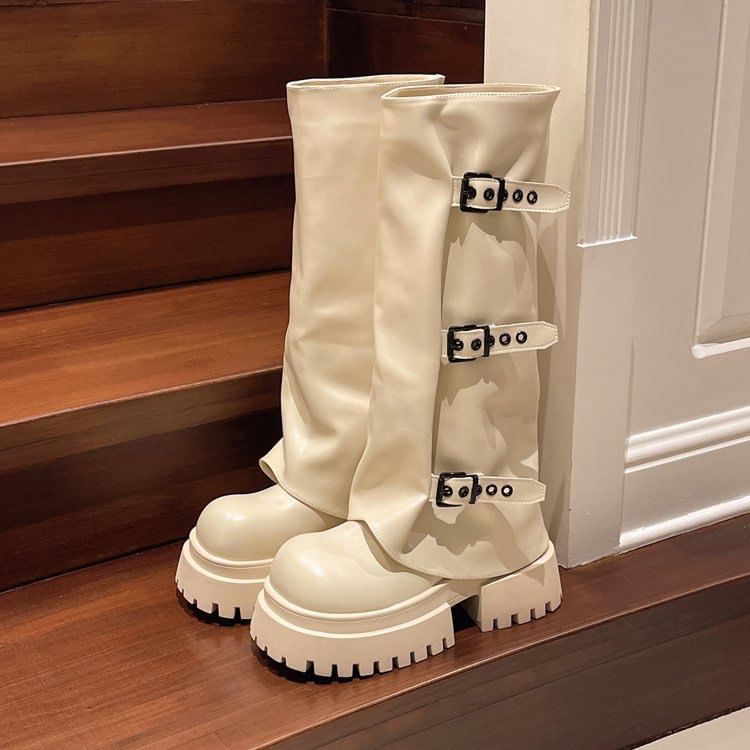 Panel Buckled Platform Boots High Knee