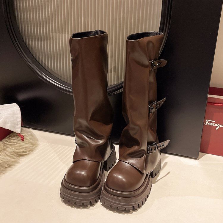 Panel Buckled Platform Boots High Knee