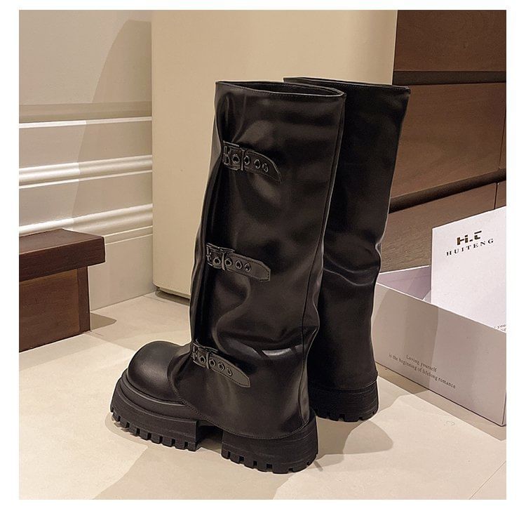 Panel Buckled Platform Boots High Knee