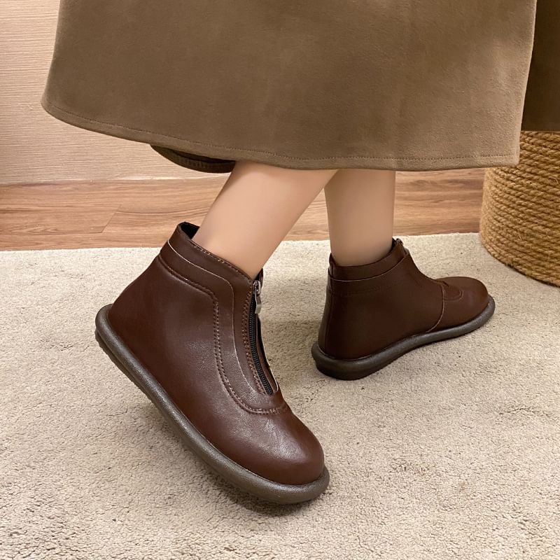 Boots Leather Short Faux Zip-Up Plain