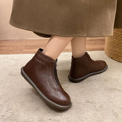 Boots Leather Short Faux Zip-Up Plain