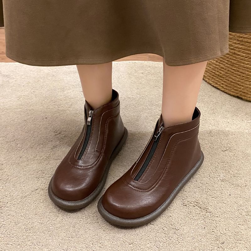 Boots Leather Short Faux Zip-Up Plain