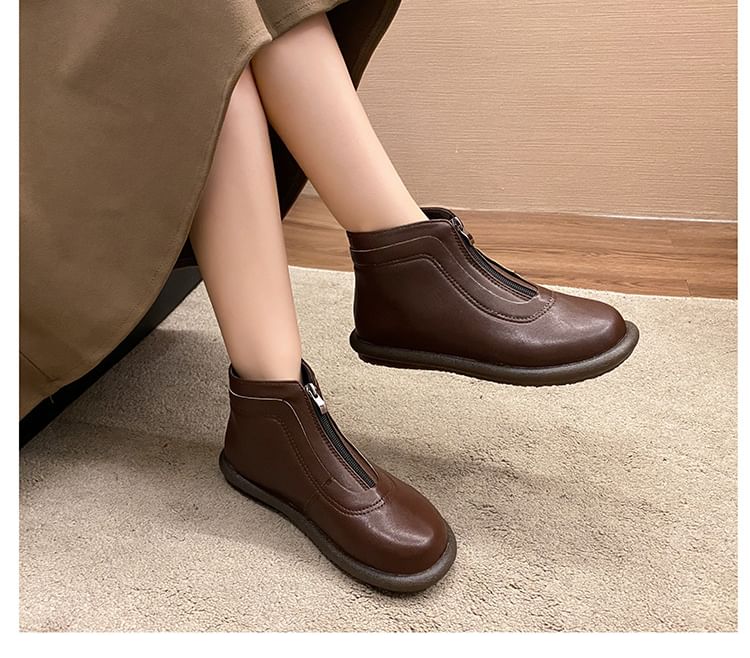 Boots Leather Short Faux Zip-Up Plain