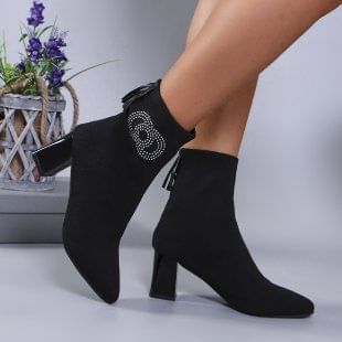 Accent Boots Heel Rhinestone Pointed Short Toe Chunky Socks