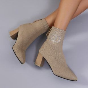 Accent Boots Heel Rhinestone Pointed Short Toe Chunky Socks