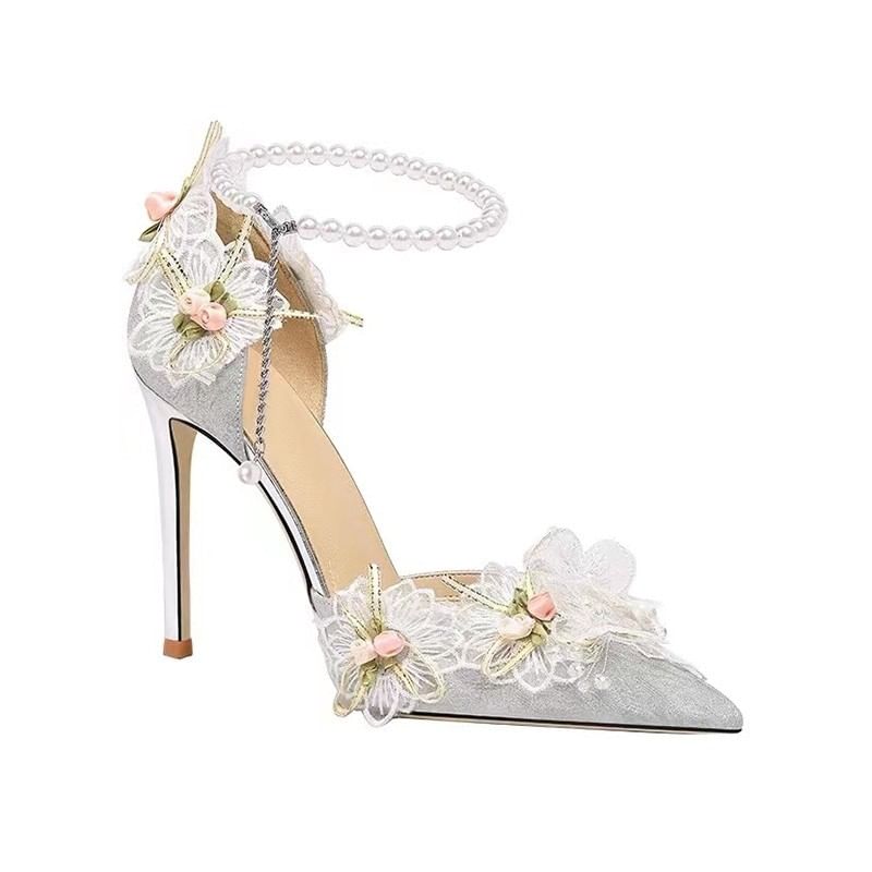Faux Ankle Pumps Accent D'Orsay Pearl Toe Pointed Strap Stiletto Floral