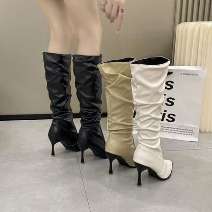 Faux Toe Tall High Plain Leather Heel Pointed Boots