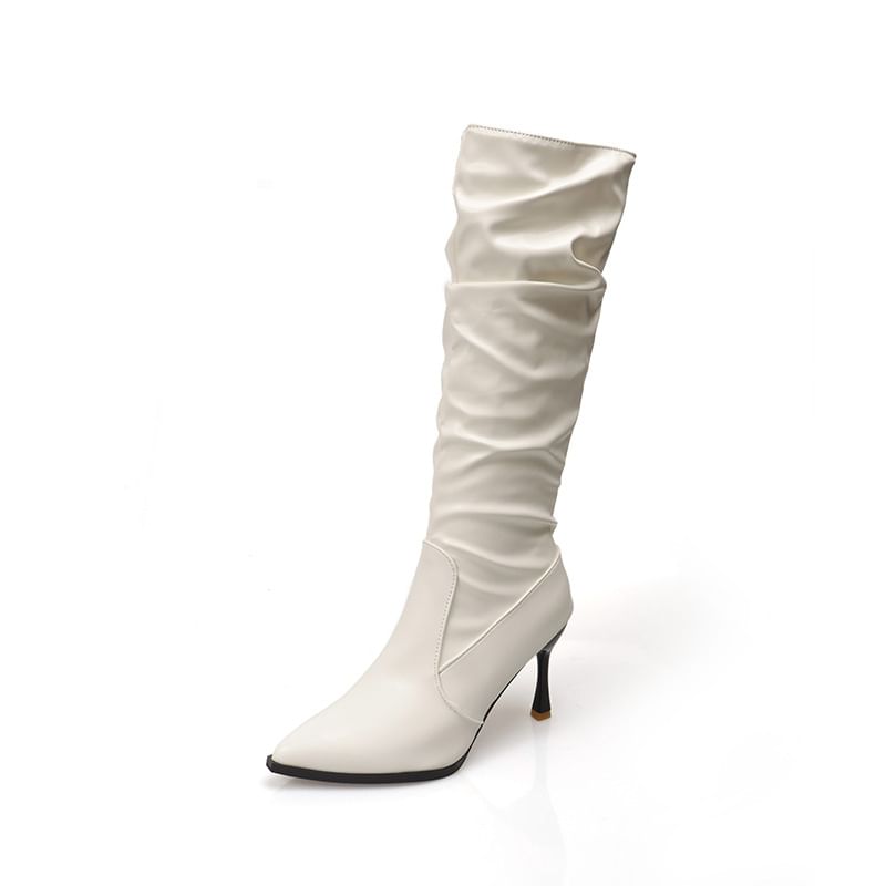 Faux Toe Tall High Plain Leather Heel Pointed Boots