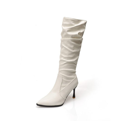 Faux Toe Tall High Plain Leather Heel Pointed Boots