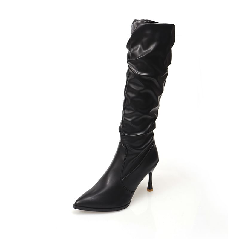Faux Toe Tall High Plain Leather Heel Pointed Boots
