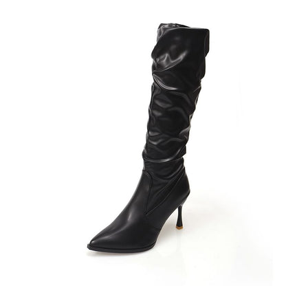 Faux Toe Tall High Plain Leather Heel Pointed Boots