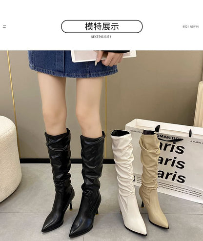 Faux Toe Tall High Plain Leather Heel Pointed Boots