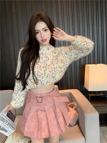 Sweater Mock Neck Mini Rise Dotted / Cropped Pleated High Washed