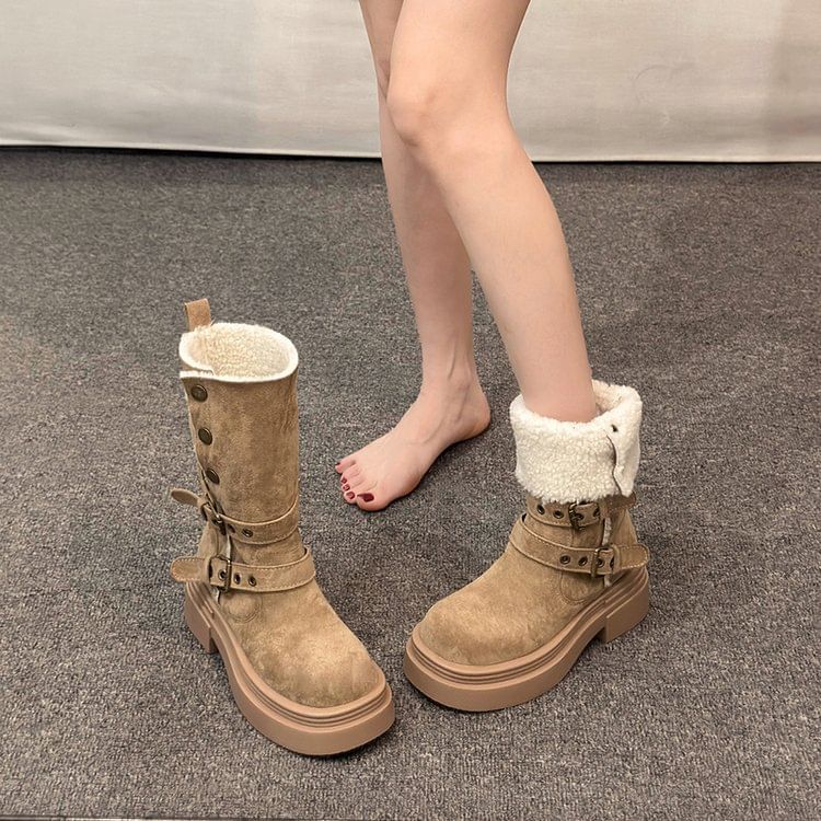 Calf Mid Faux Boots Fur Buckled