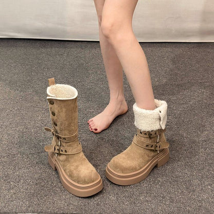 Calf Mid Faux Boots Fur Buckled
