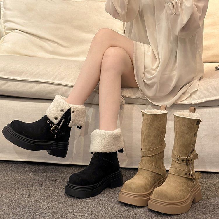 Calf Mid Faux Boots Fur Buckled