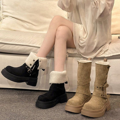 Calf Mid Faux Boots Fur Buckled