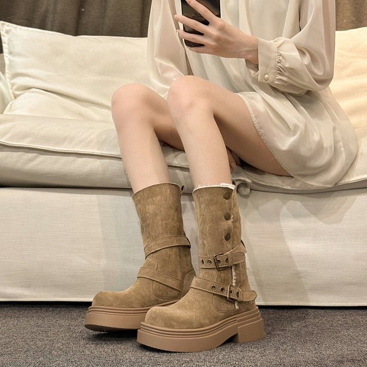Calf Mid Faux Boots Fur Buckled