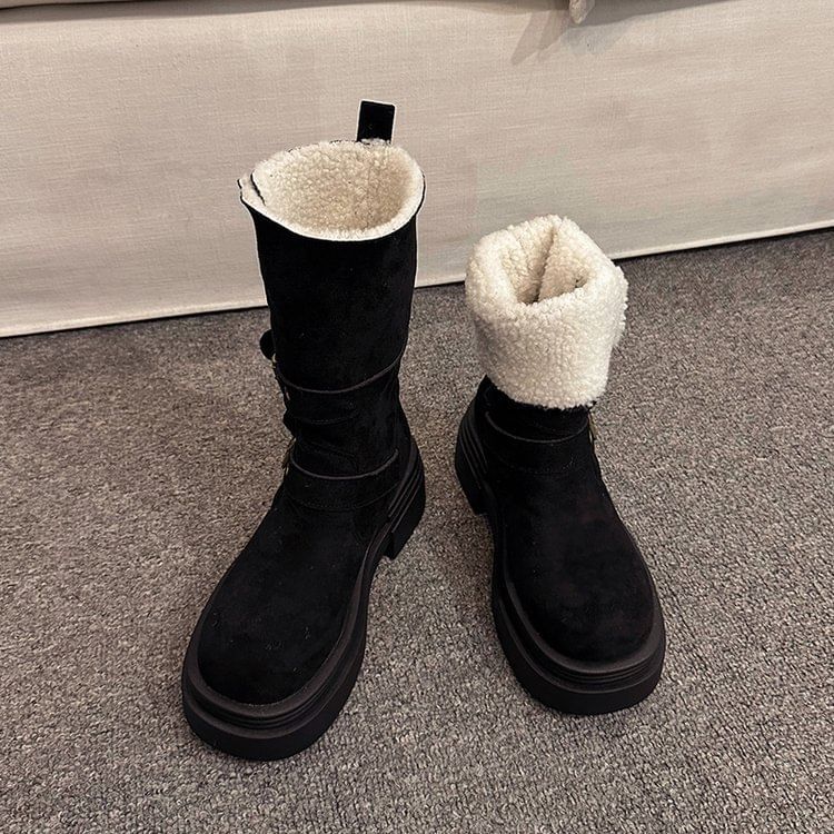 Calf Mid Faux Boots Fur Buckled
